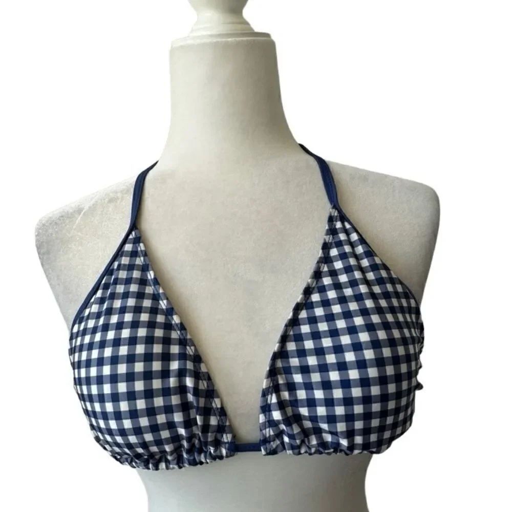 GIII Plaid Bikini Top Blue White Gator Adjustable Straps SZ M